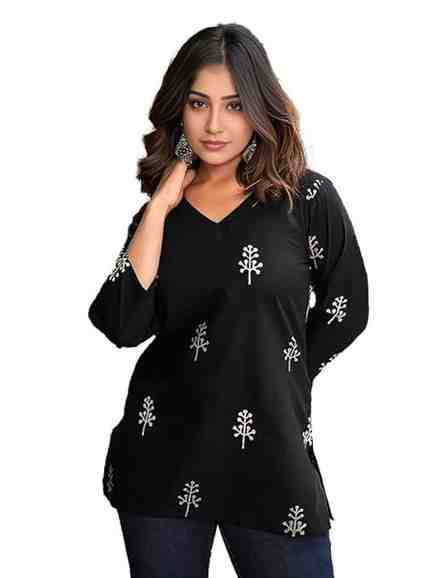Dream Beauty Fashion Women's Printed Tunic Top/Short Kurti with Long Sleeve V-Neck